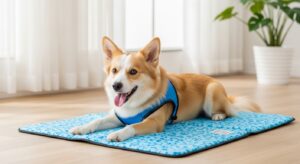 Dog using cooling mat during warm day
