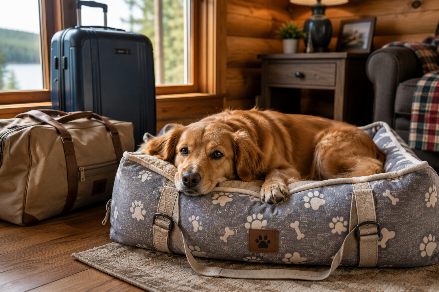 Dog relaxing on travel pet bed during vacation