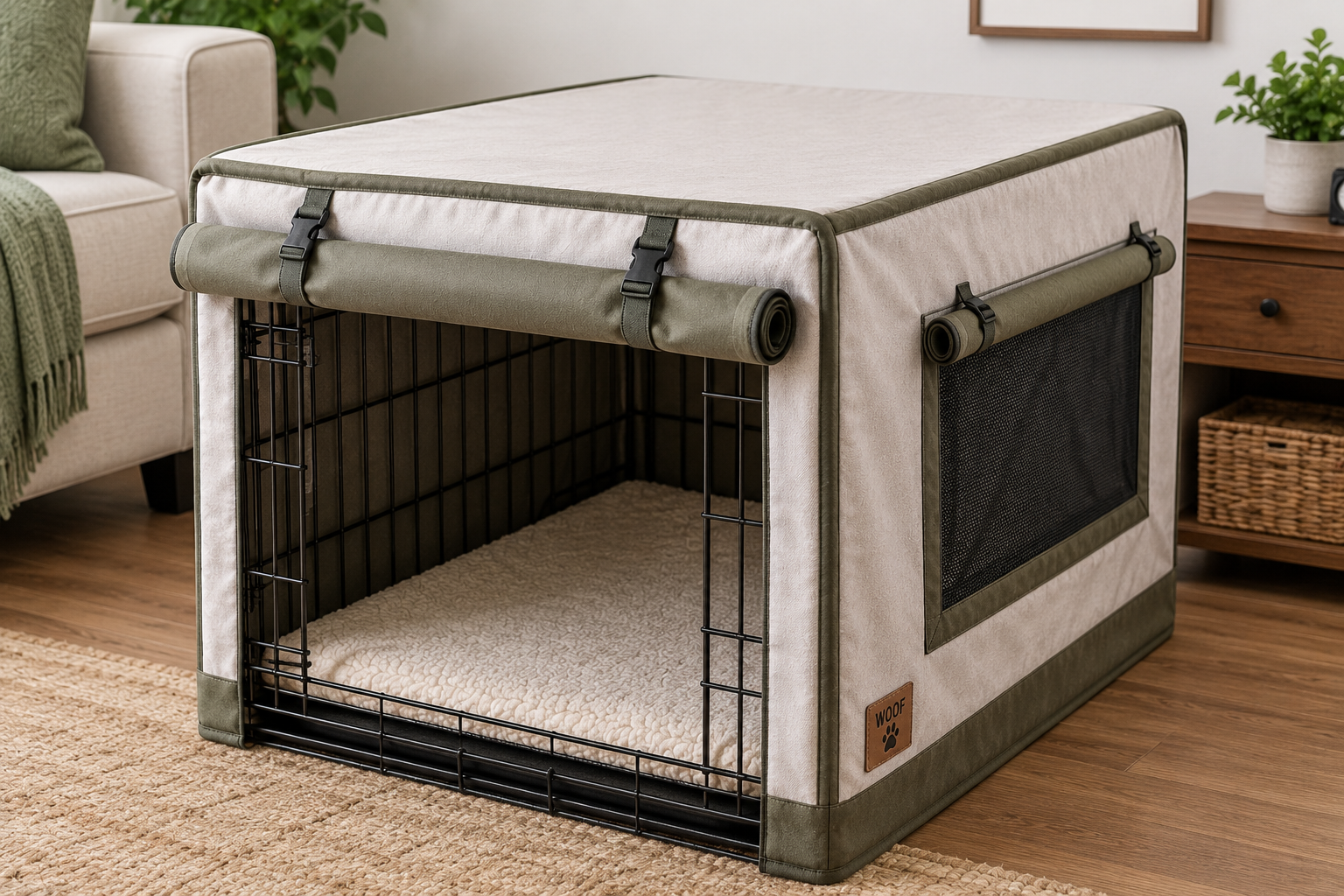 Finished DIY dog crate cover with roll-up panels
