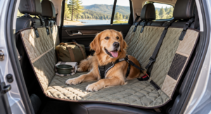 Dog riding on handmade car seat hammock